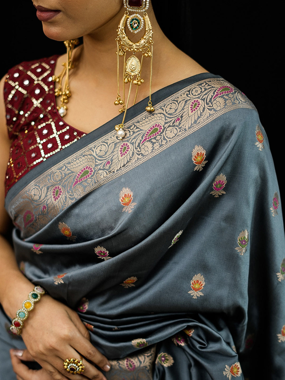 Grey Woven Design Art Katan Saree