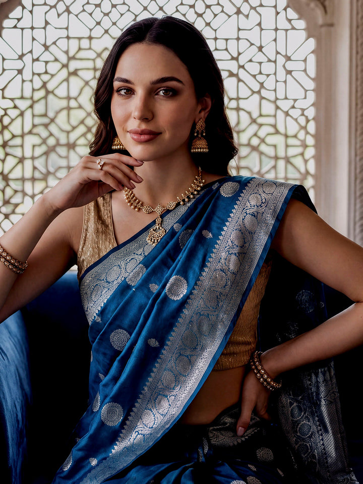 Peacock-Blue Woven Design Art Katan Saree
