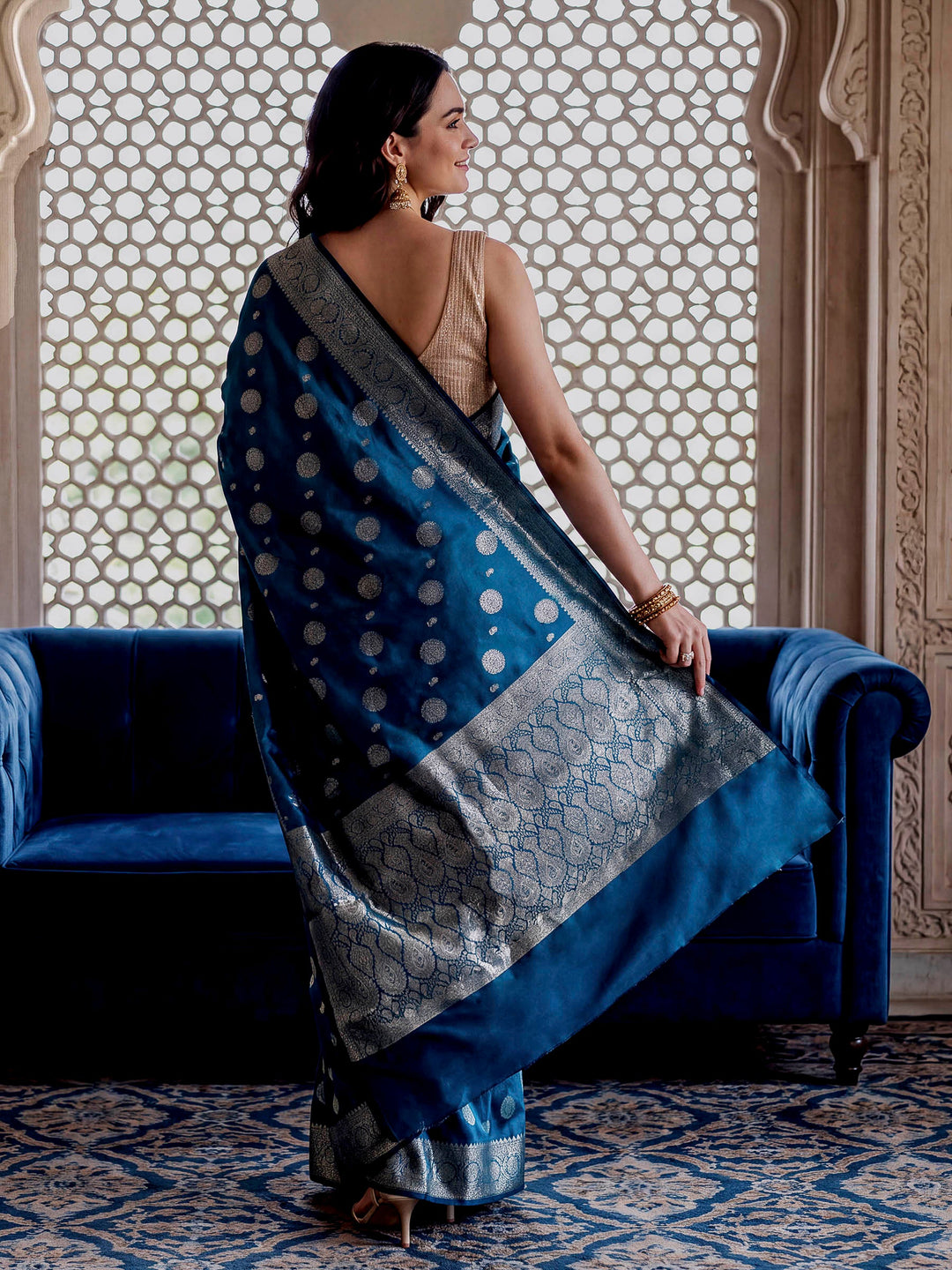 Peacock-Blue Woven Design Art Katan Saree