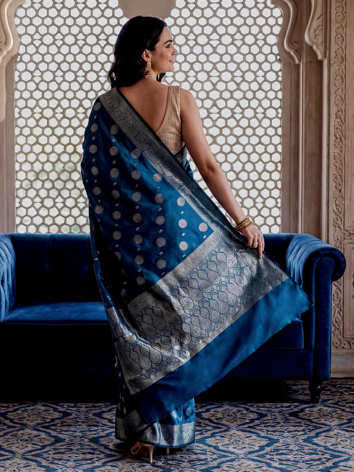 Peacock-Blue Woven Design Art Katan Saree