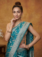 Teal Blue Woven Design Banarasi Saree