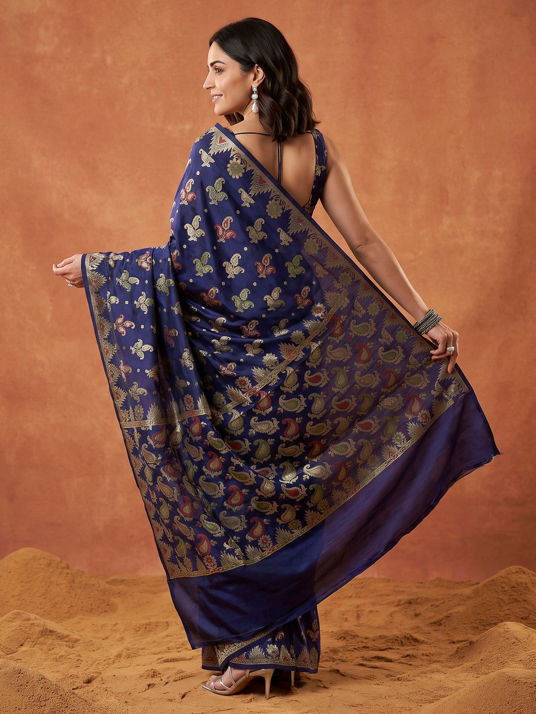 Navy Blue Woven Design Art Silk Saree