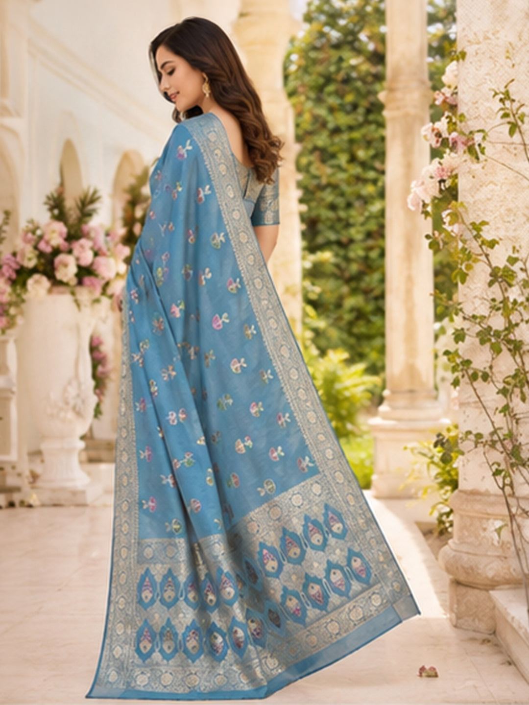 Sky Blue Woven Design Art Silk Saree