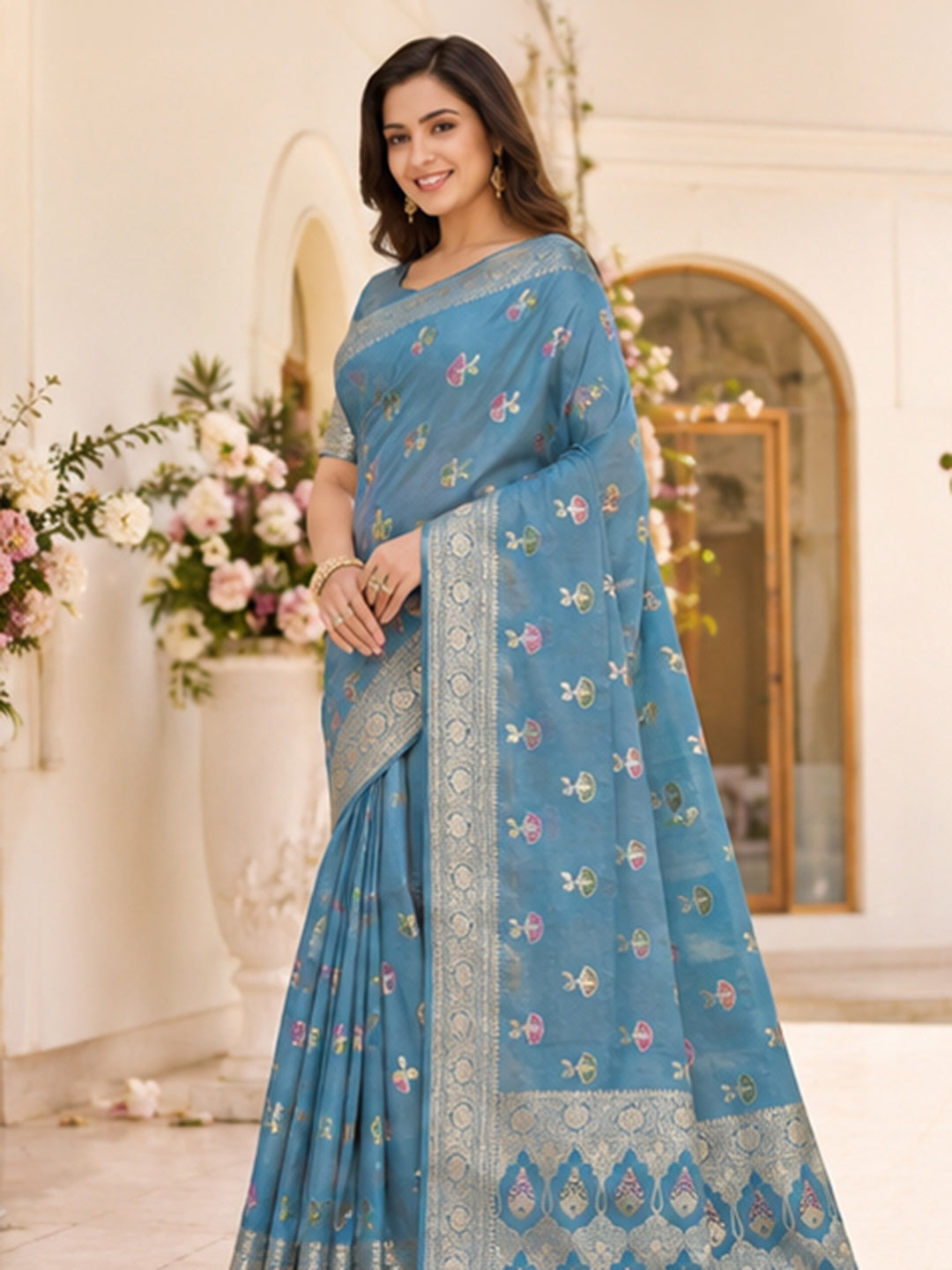 Sky Blue Woven Design Art Silk Saree