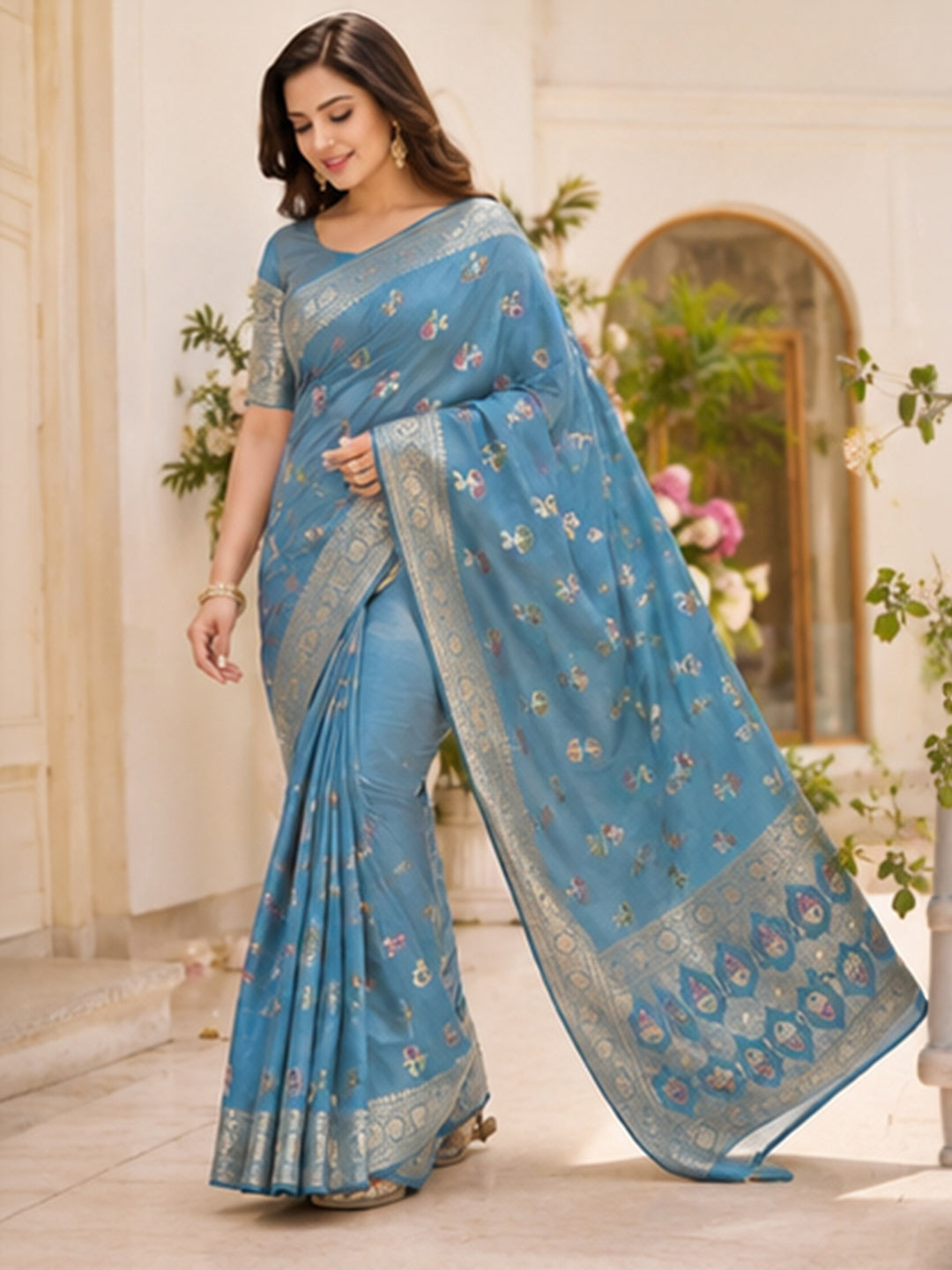 Sky Blue Woven Design Art Silk Saree
