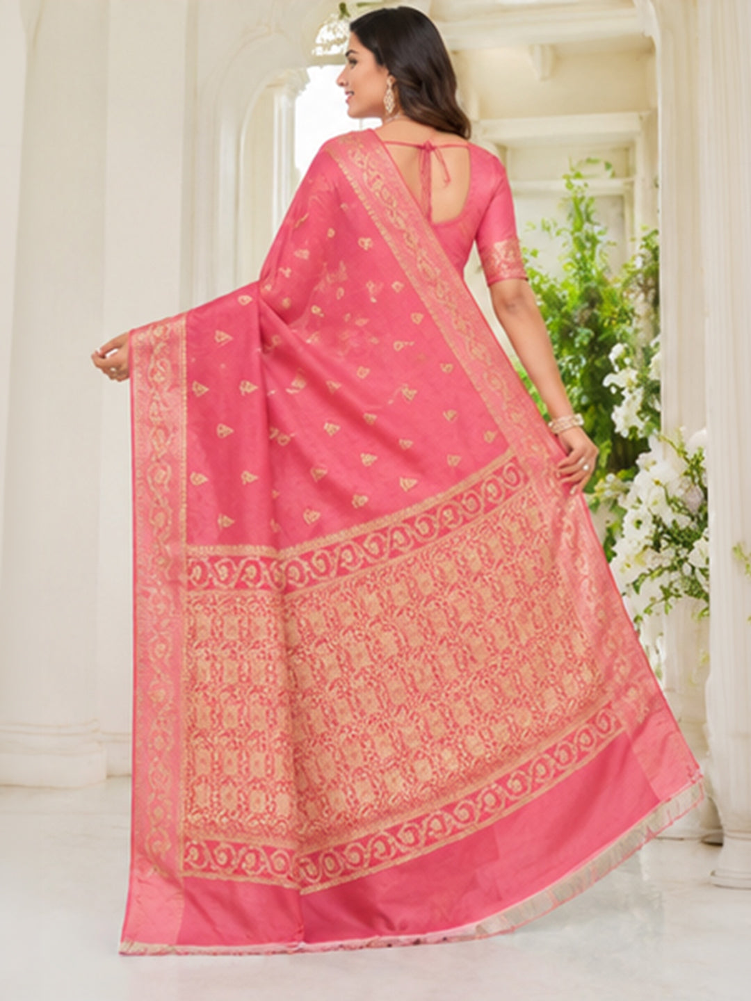 Peach Pink Woven Design Art Silk Saree