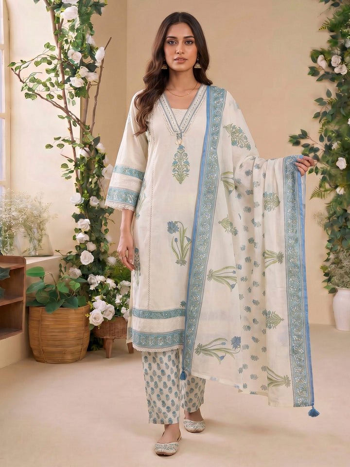 Cream Blue Printed Cotton Blend Suit Set