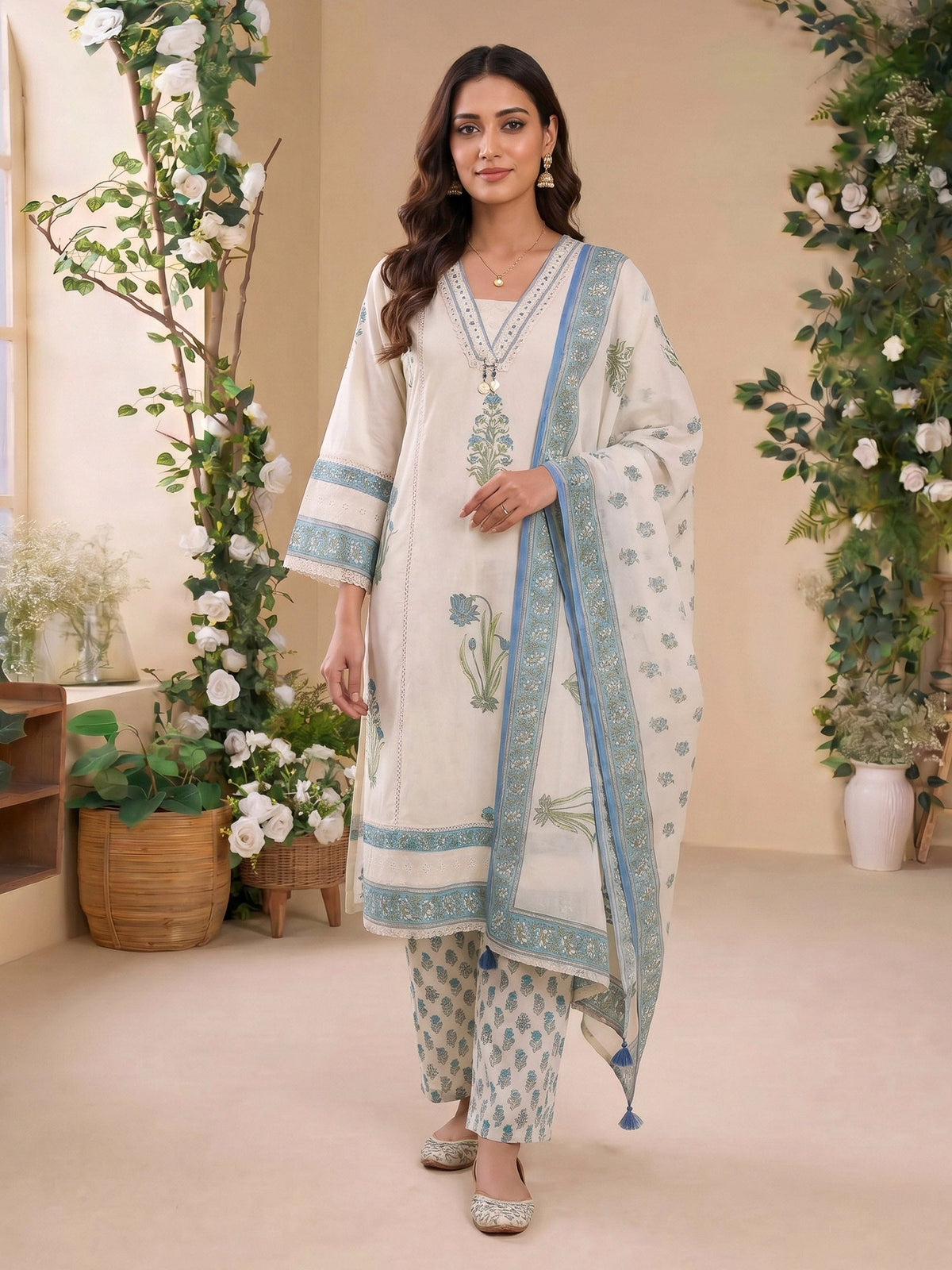 Cream Blue Printed Cotton Blend Suit Set