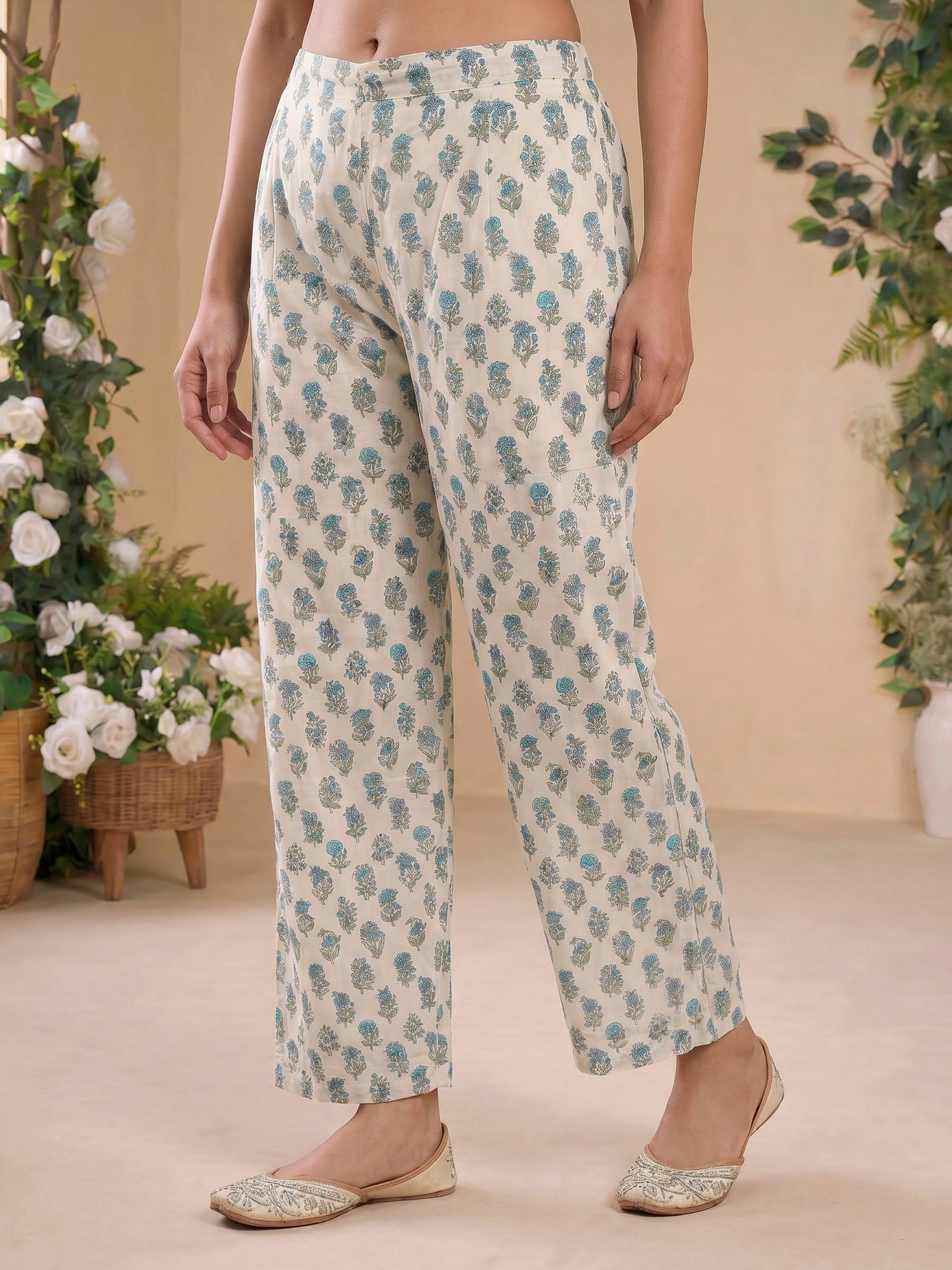 Cream Blue Printed Cotton Blend Suit Set