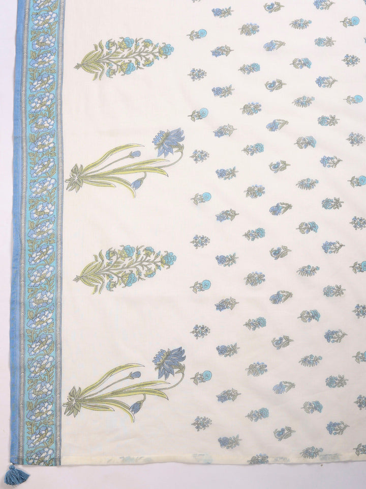 Cream Blue Printed Cotton Blend Suit Set