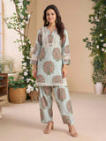 Blue Cream Embroidered Cotton Blend Kurta Set