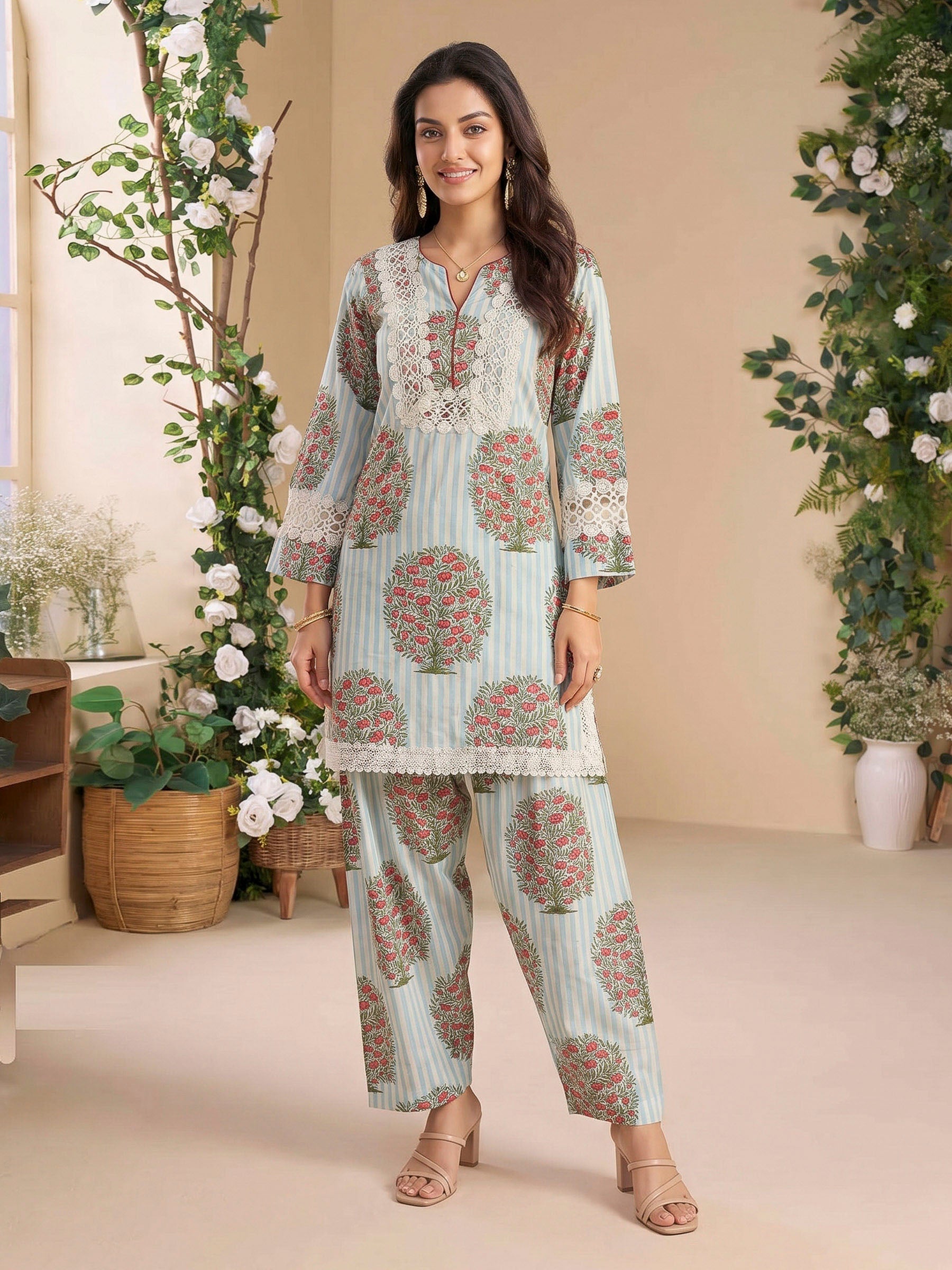 Blue Cream Embroidered Cotton Blend Kurta Set