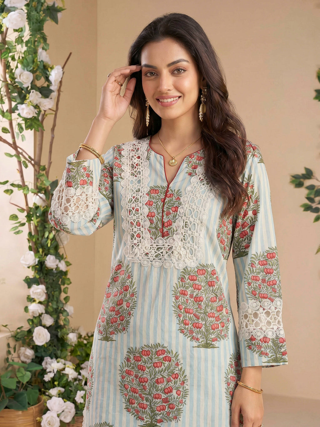 Blue Cream Embroidered Cotton Blend Kurta Set
