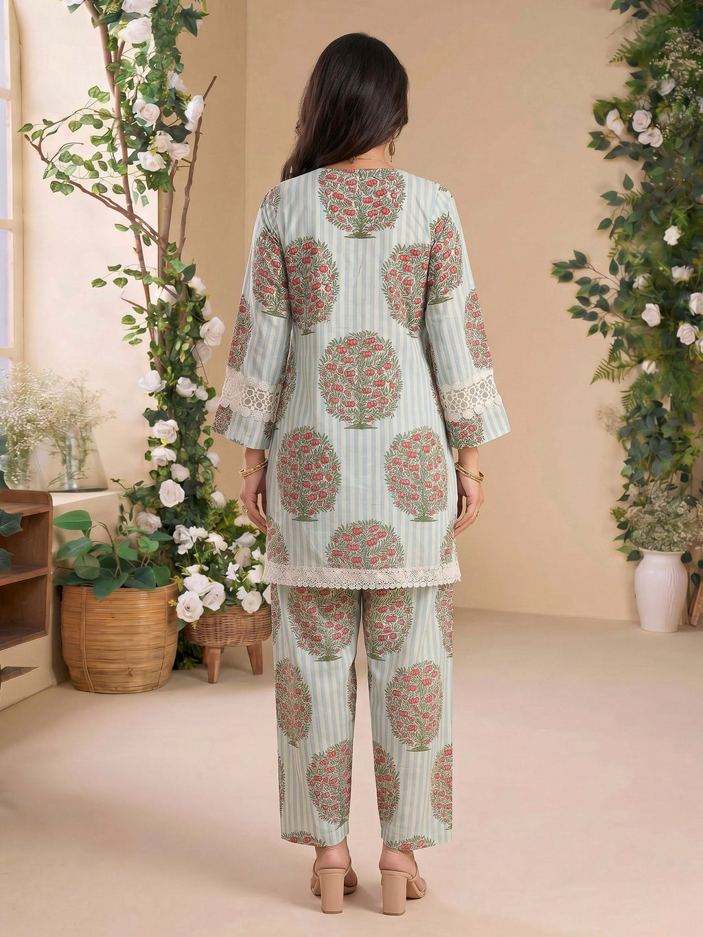 Blue Cream Embroidered Cotton Blend Kurta Set