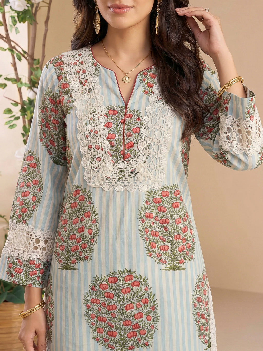 Blue Cream Embroidered Cotton Blend Kurta Set