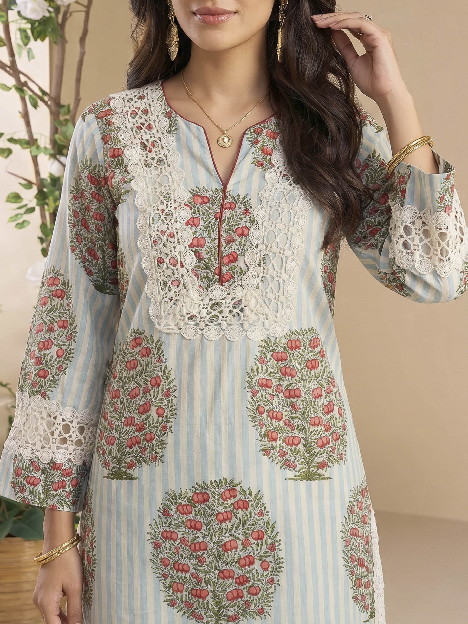 Blue Cream Embroidered Cotton Blend Kurta Set