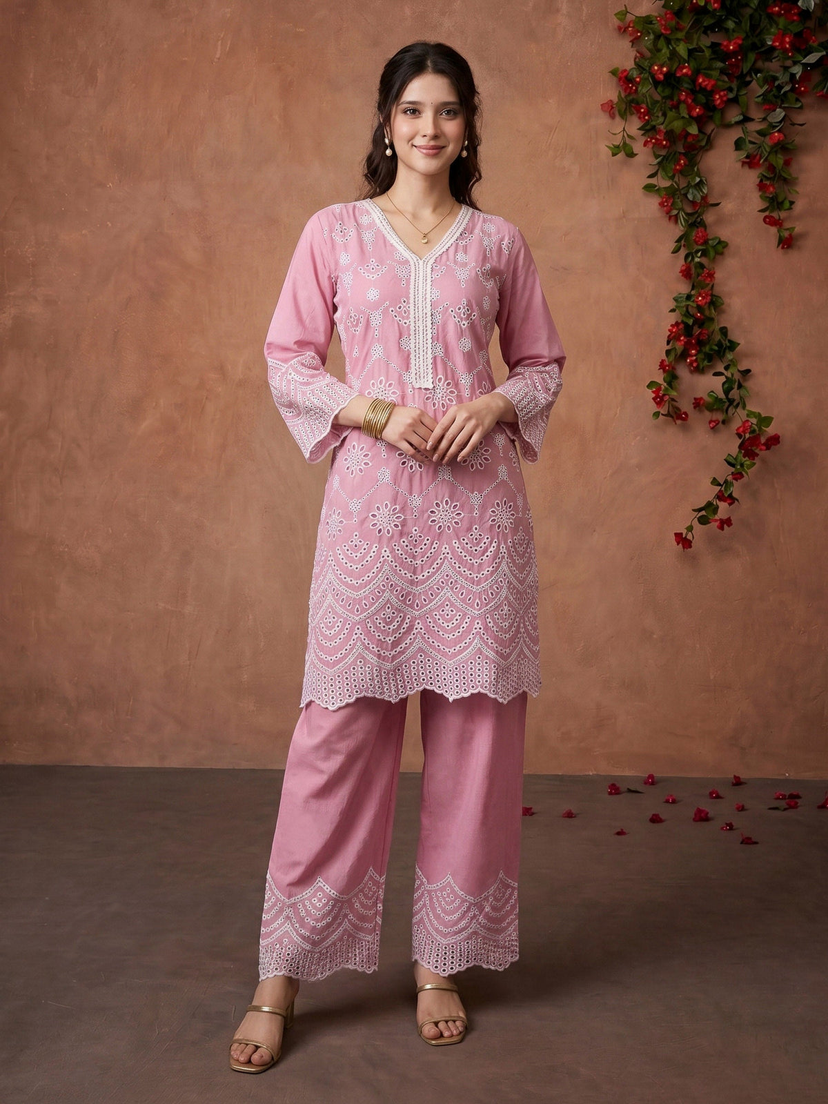 Pink Embroidered Cotton Blend Kurta Set