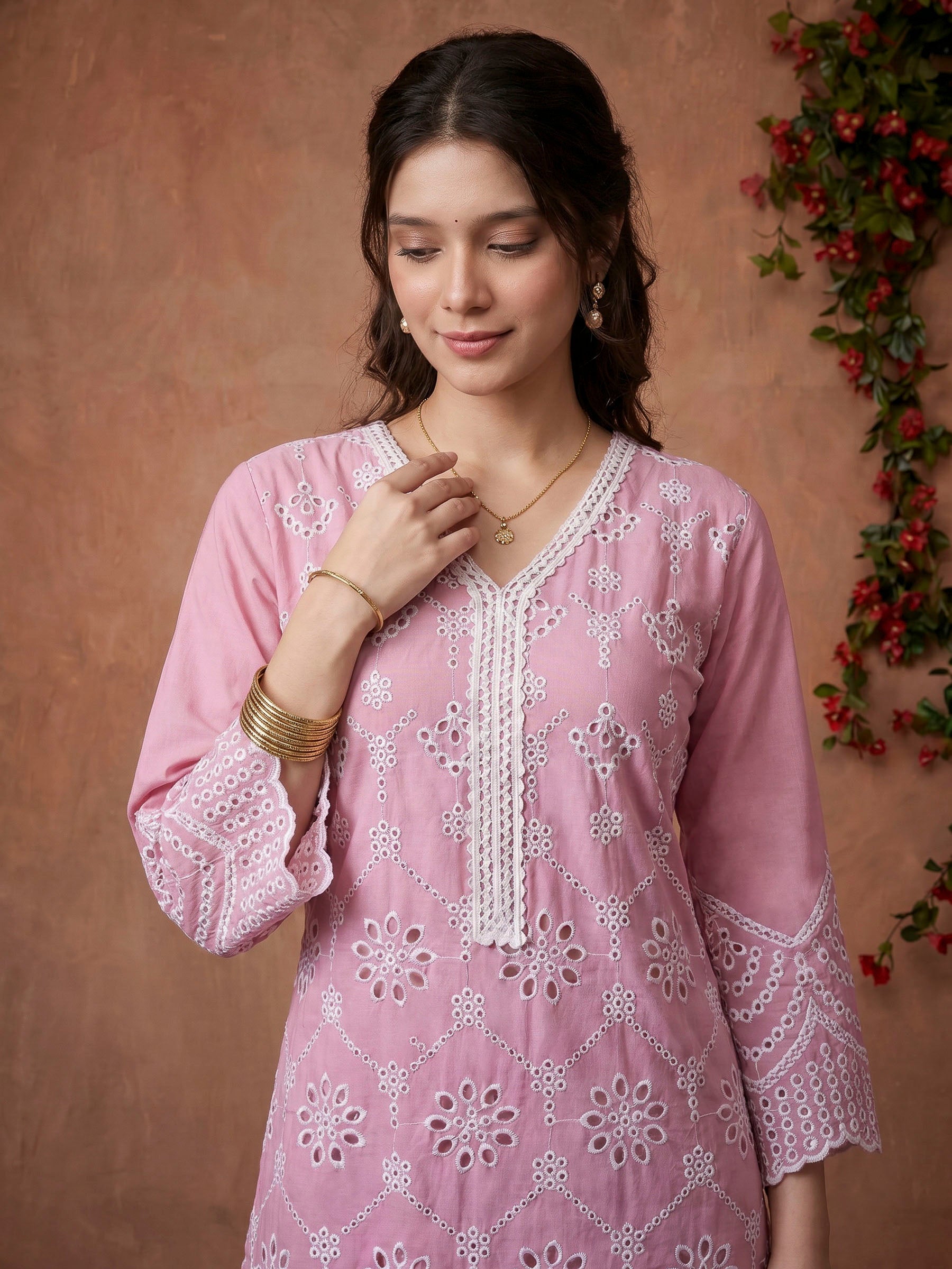 Pink Embroidered Cotton Blend Kurta Set