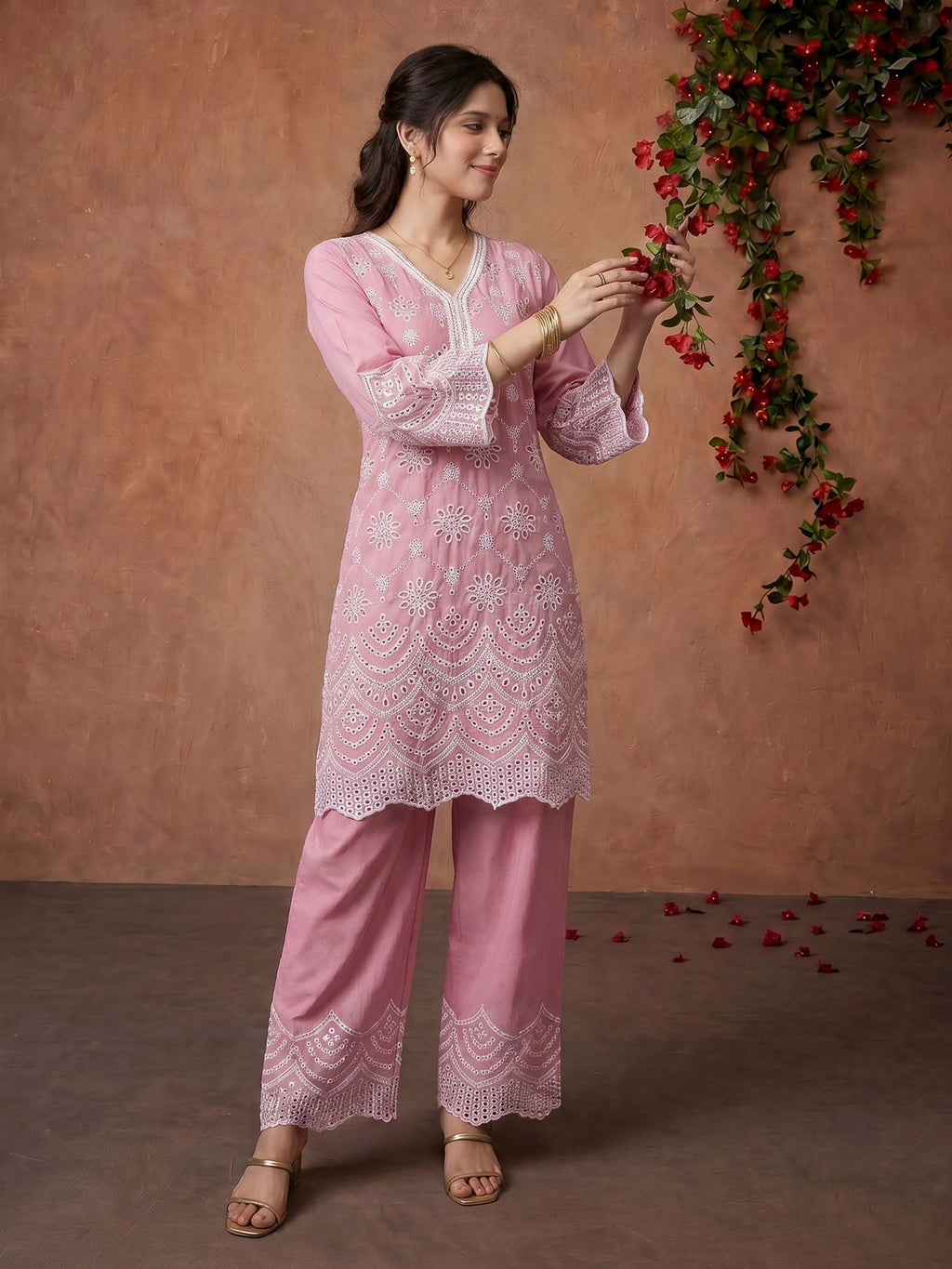 Pink Embroidered Cotton Blend Kurta Set