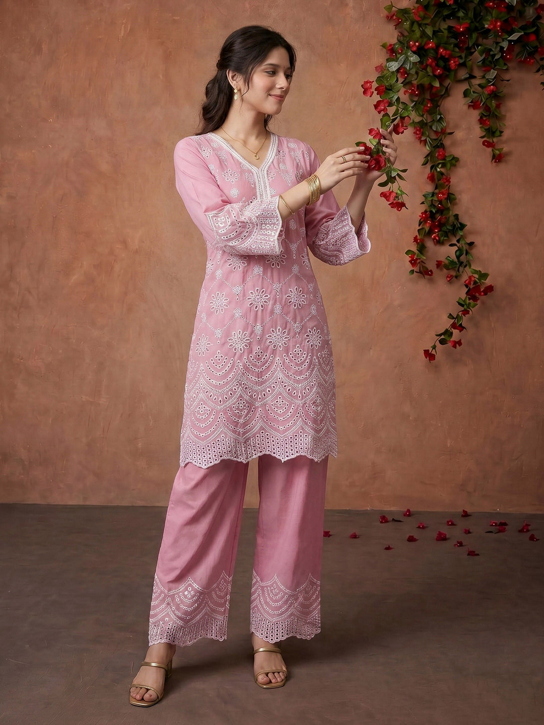Pink Embroidered Cotton Blend Kurta Set