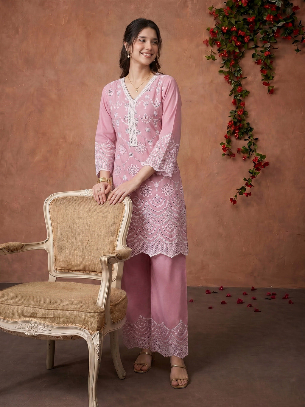 Pink Embroidered Cotton Blend Kurta Set