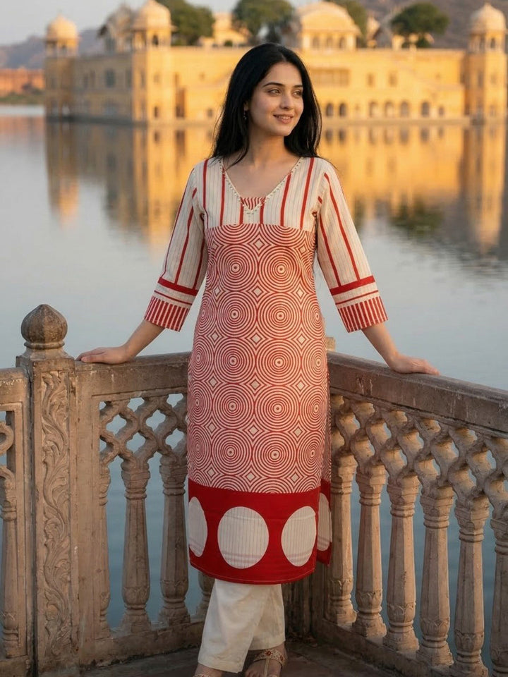Red Embroidered Cotton Blend Round Neck Kurta Set