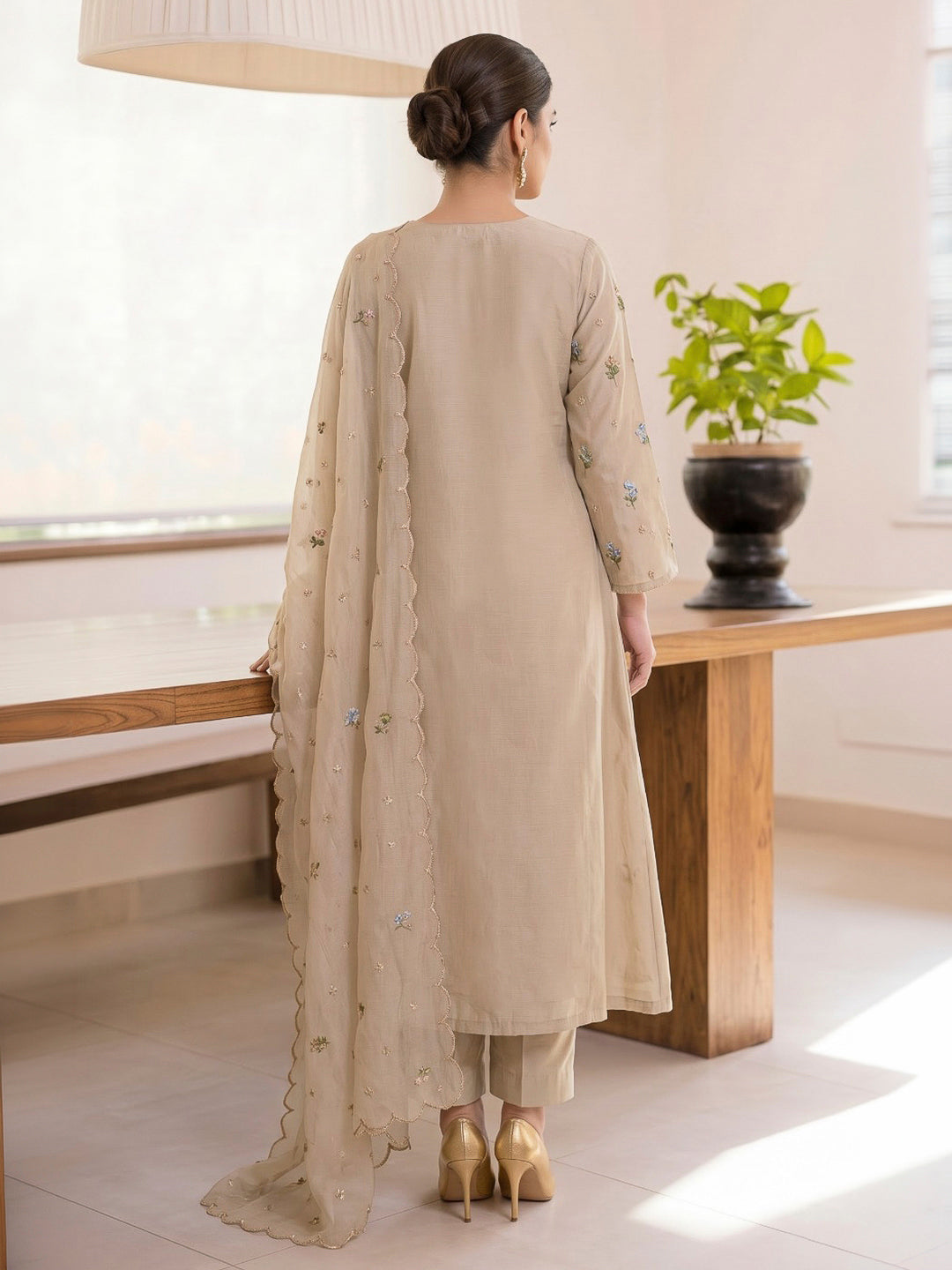 Beige Printed Cotton Blend Kurta With Pant &amp; Dupatta