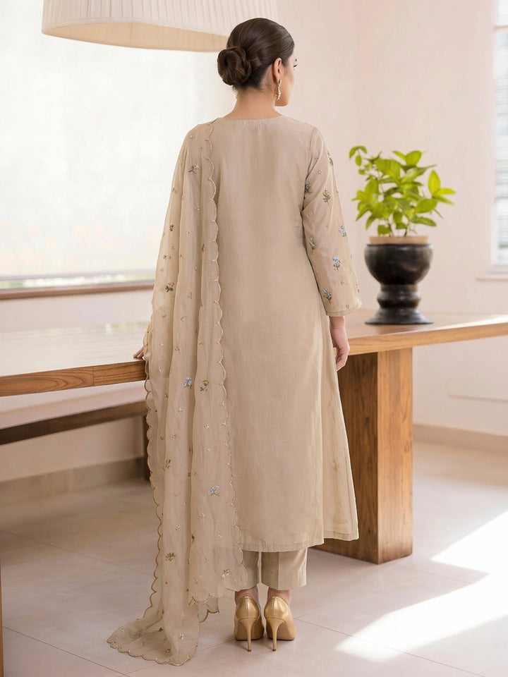 Beige Printed Cotton Blend Kurta With Pant &amp; Dupatta