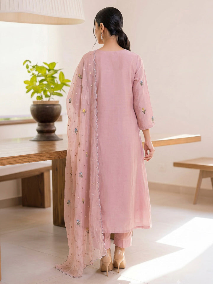 Peach Printed Cotton Blend Kurta With Pant &amp; Dupatta