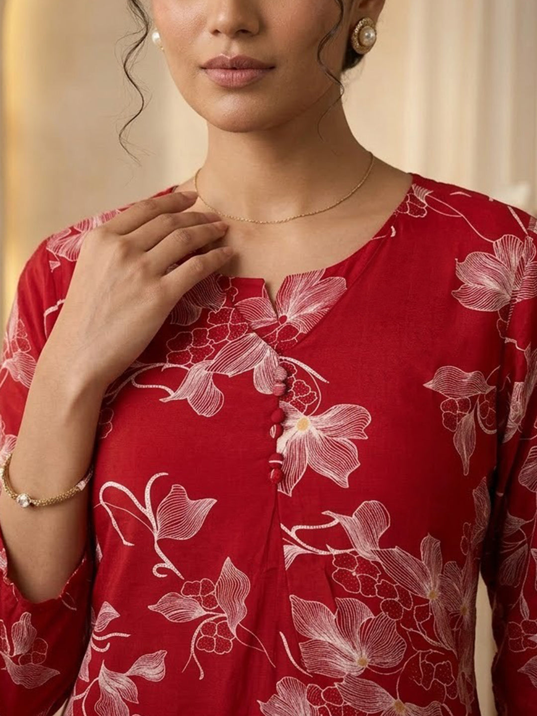Red Embroidered Cotton Blend Kurta Set