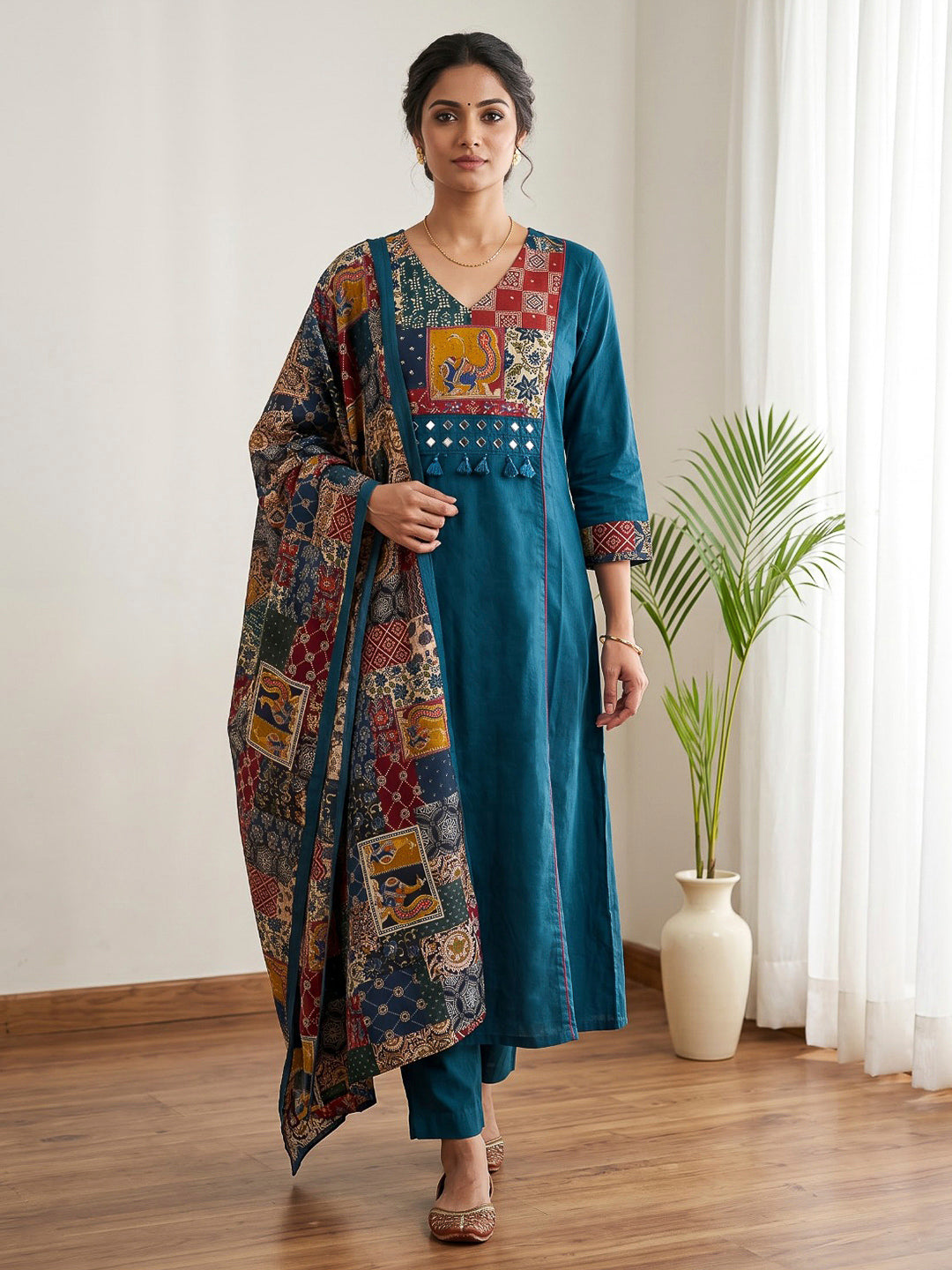 Blue Printed Cotton Blend Kurta With Pant &amp; Dupatta