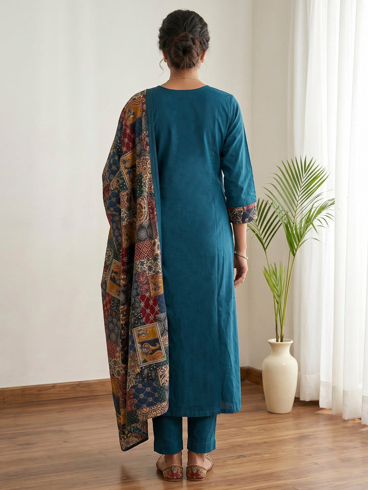 Blue Printed Cotton Blend Kurta With Pant &amp; Dupatta