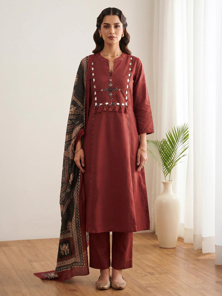 Red Printed Cotton Blend Kurta With Pant &amp; Dupatta