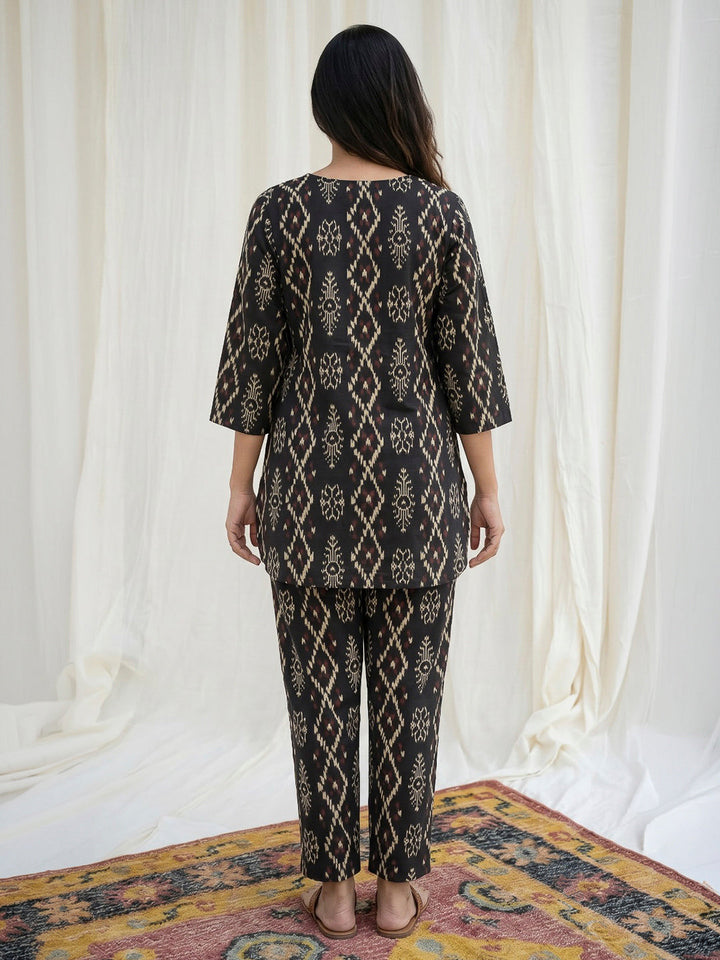 Black Printed Cotton Blend Kurta Set