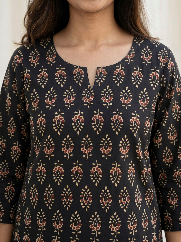 Black Printed Cotton Blend Kurta Set
