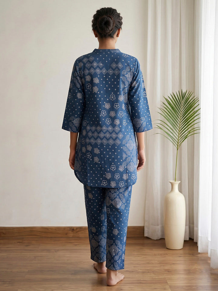 Blue Printed Cotton Blend Kurta Set