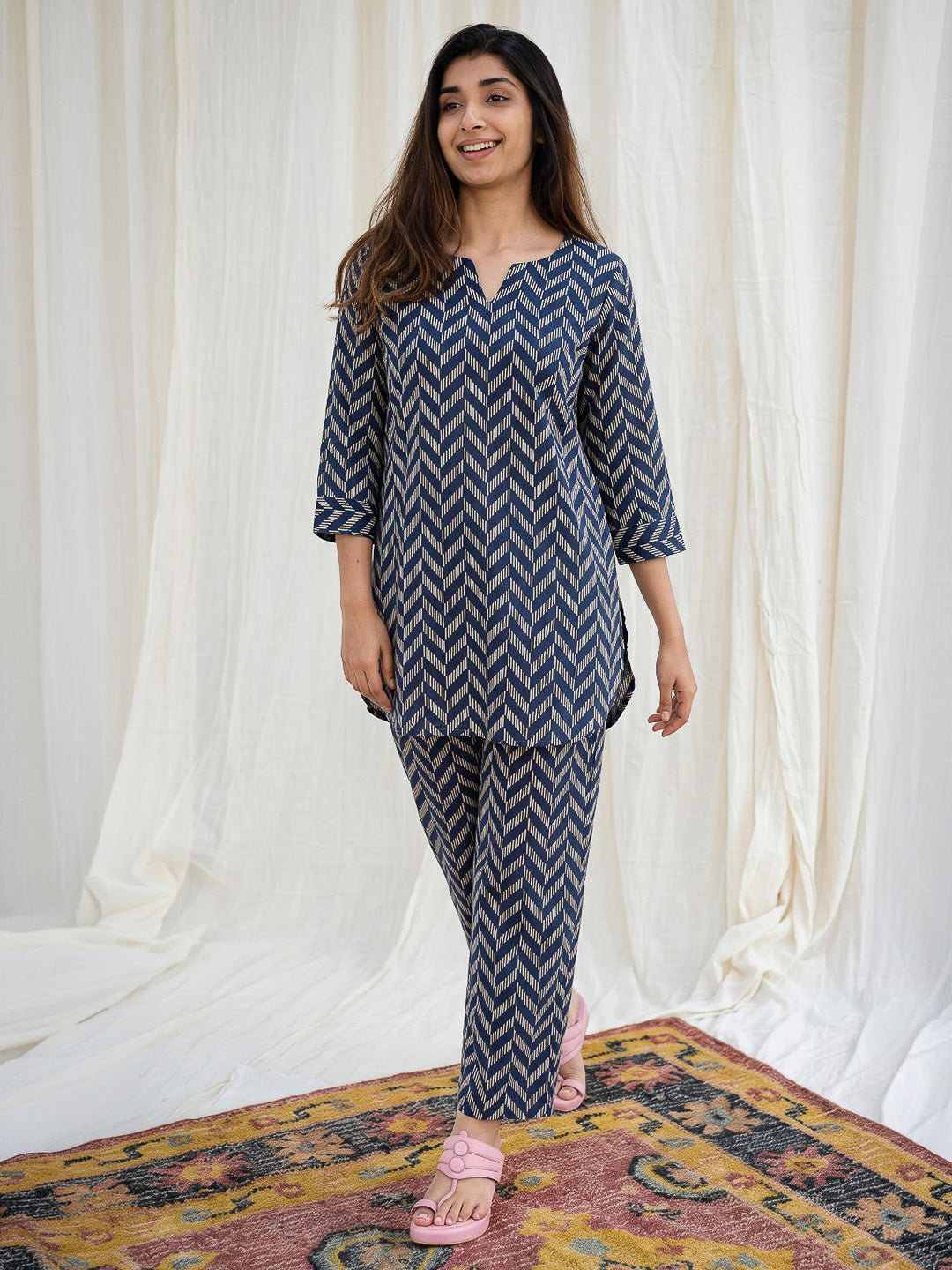 Blue Printed Cotton Blend Kurta Set