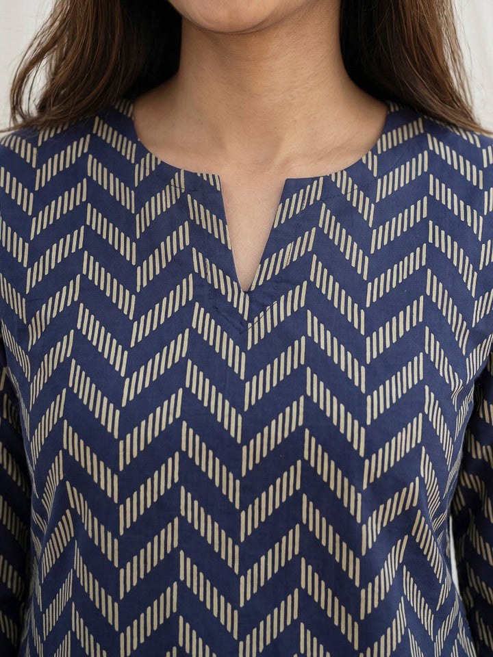 Blue Printed Cotton Blend Kurta Set