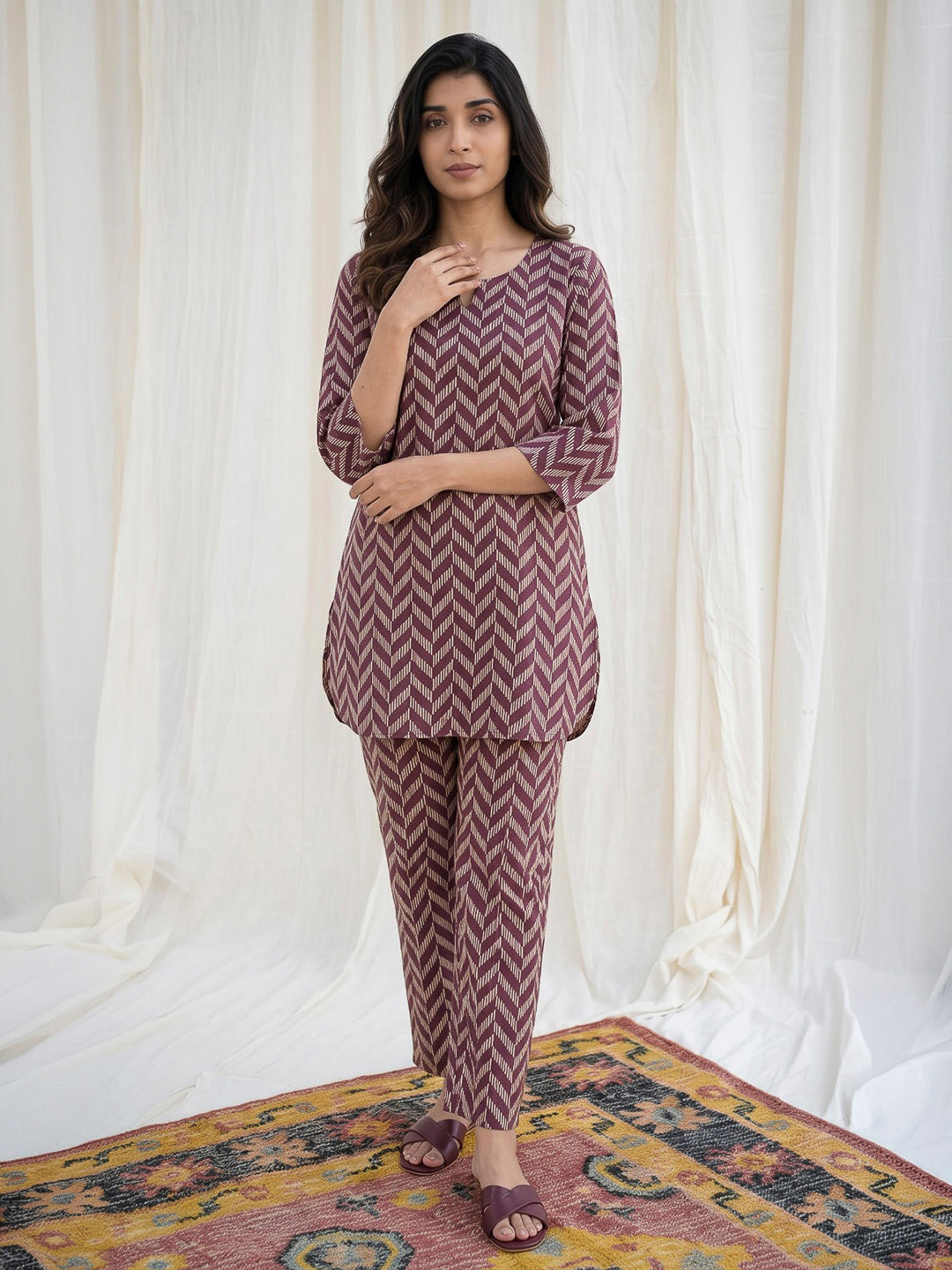 Maroon Printed Cotton Blend Kurta Set