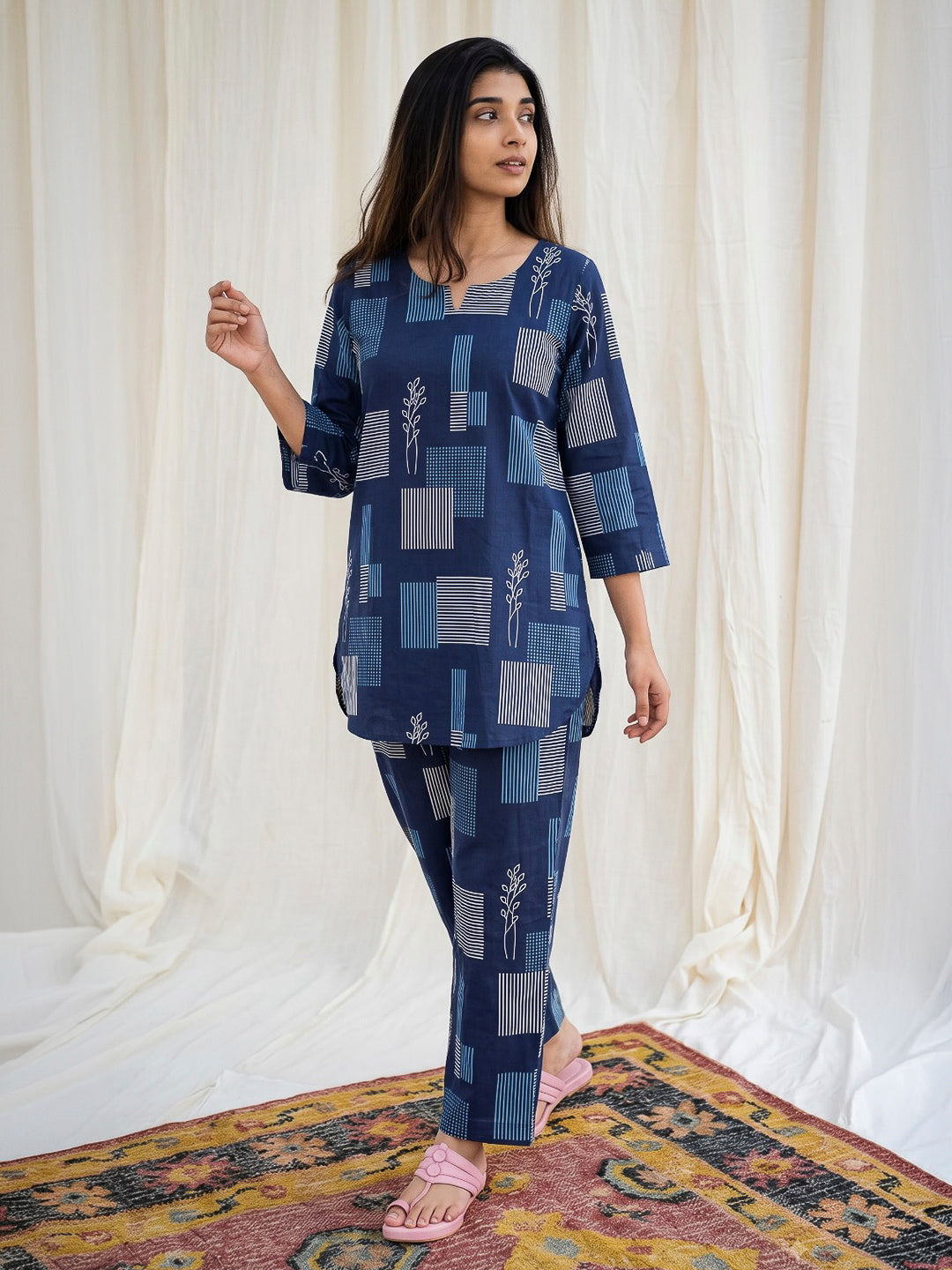 Blue Printed Cotton Blend Kurta Set
