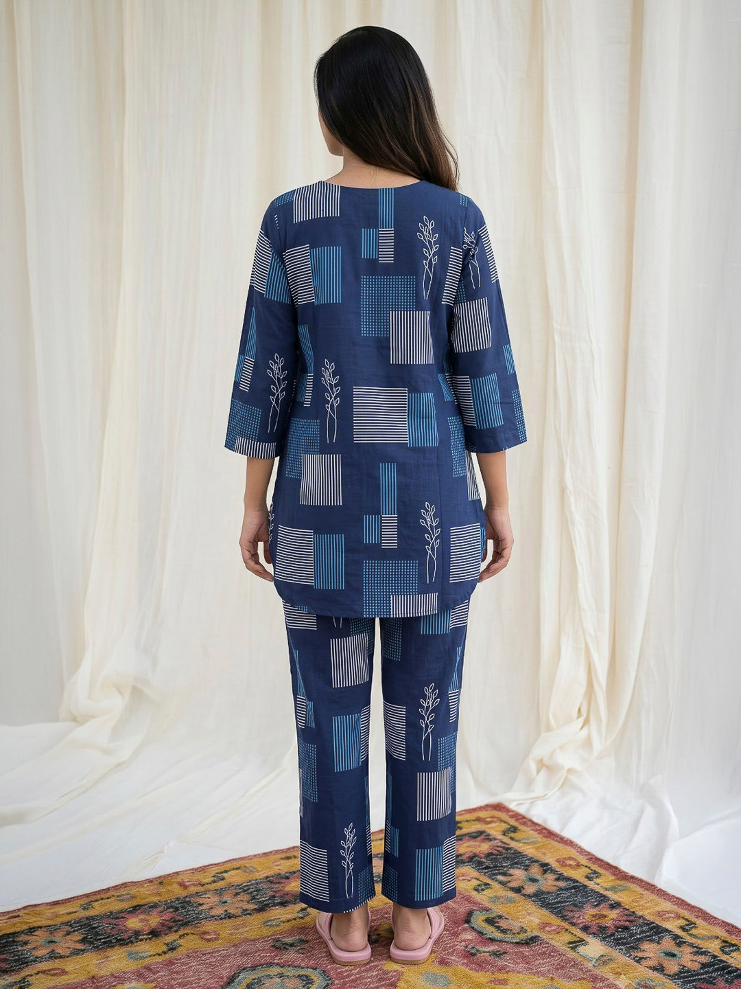 Blue Printed Cotton Blend Kurta Set