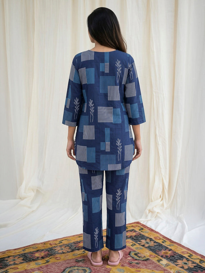 Blue Printed Cotton Blend Kurta Set