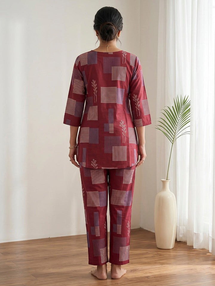 Red Printed Cotton Blend Kurta Set
