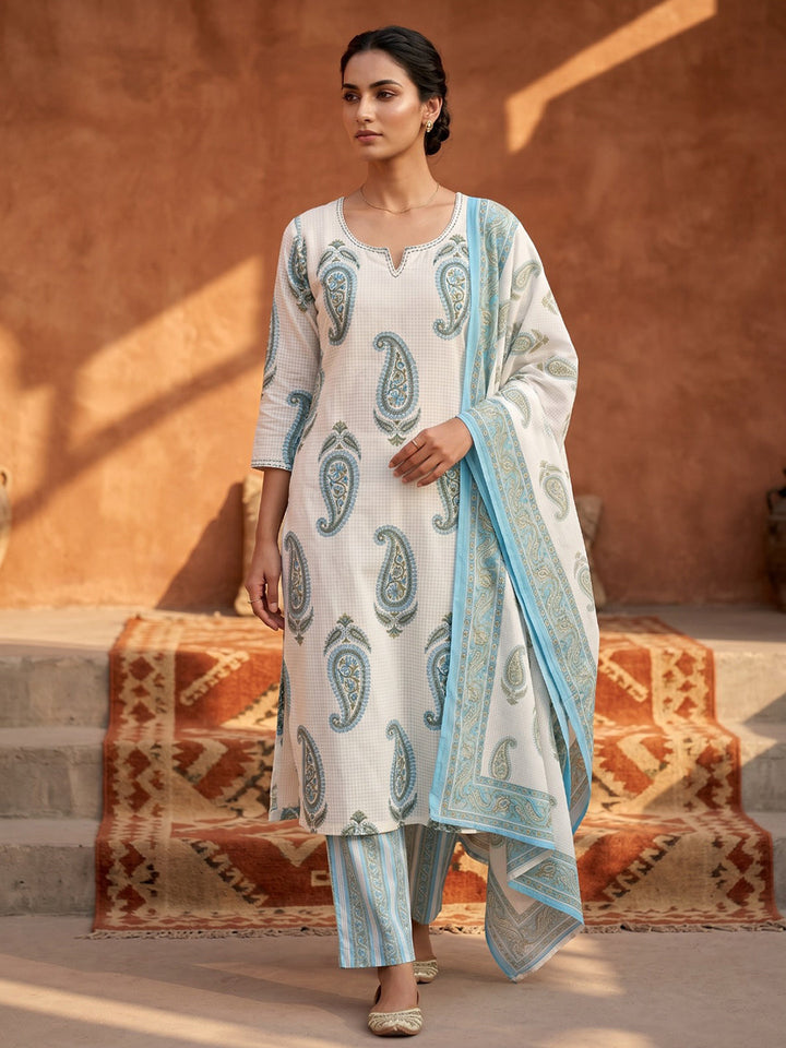 Blue Cotton Blend Printed Straight Suit Set