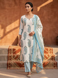 Blue Printed Cotton Blend Straight Suit Set With Dupatta