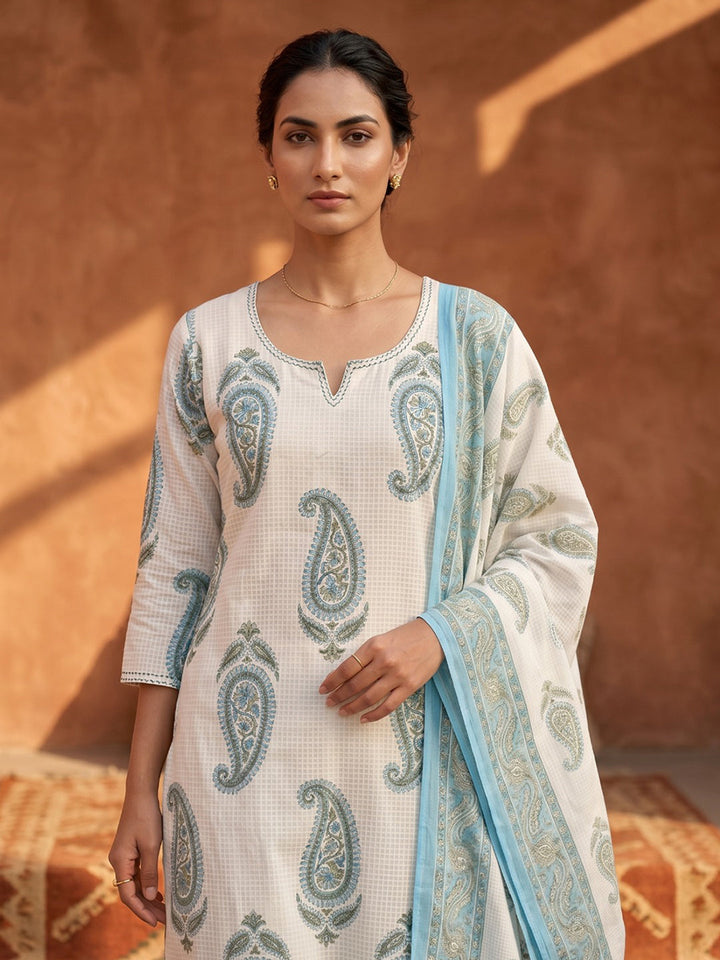 Blue Cotton Blend Printed Straight Suit Set