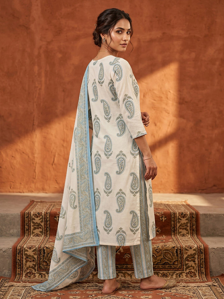 Blue Cotton Blend Printed Straight Suit Set