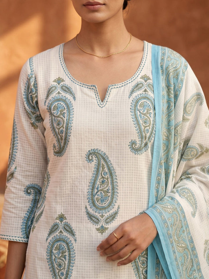 Blue Cotton Blend Printed Straight Suit Set