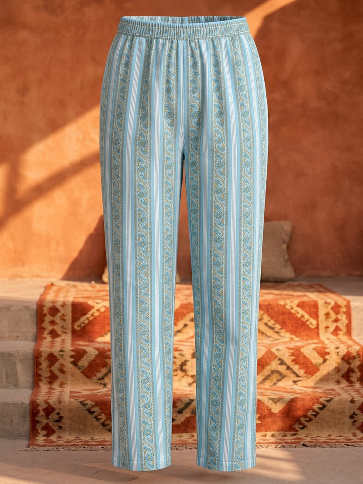 Blue Cotton Blend Printed Straight Suit Set