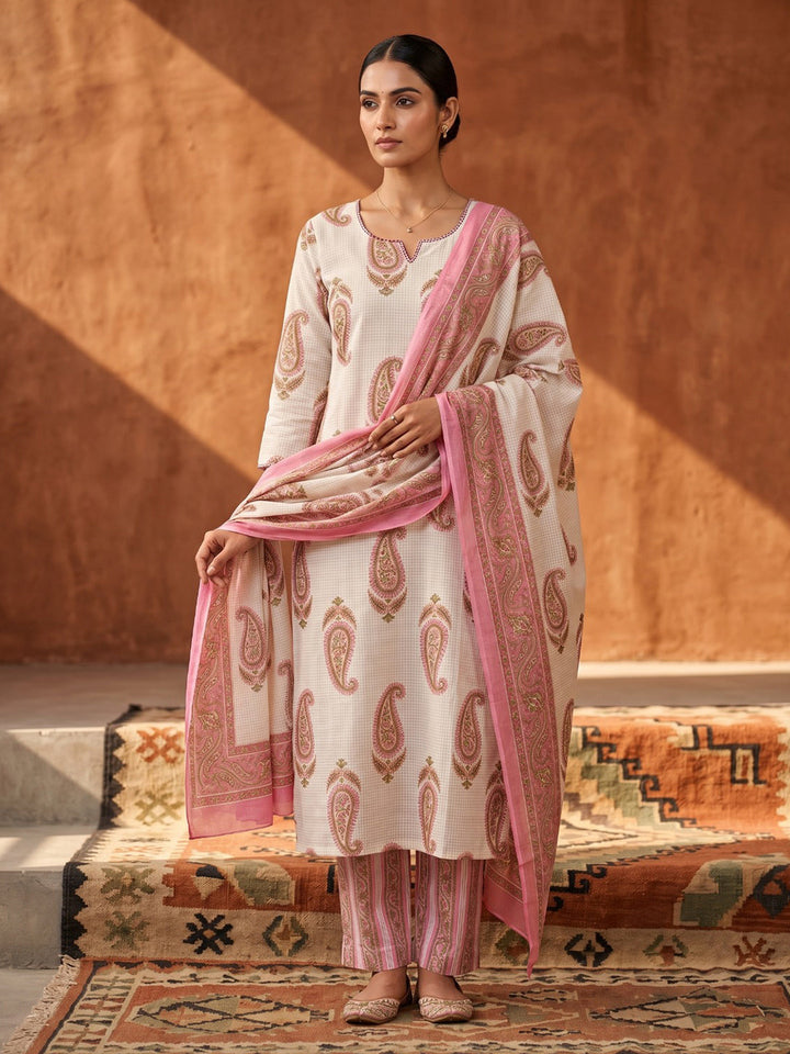 Pink Cotton Blend Printed Straight Suit Set